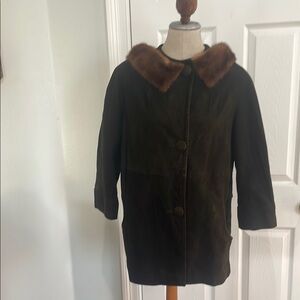Vintage soft suede Brown Coat jacket mink Fur Collar brown women’s size L 10 12